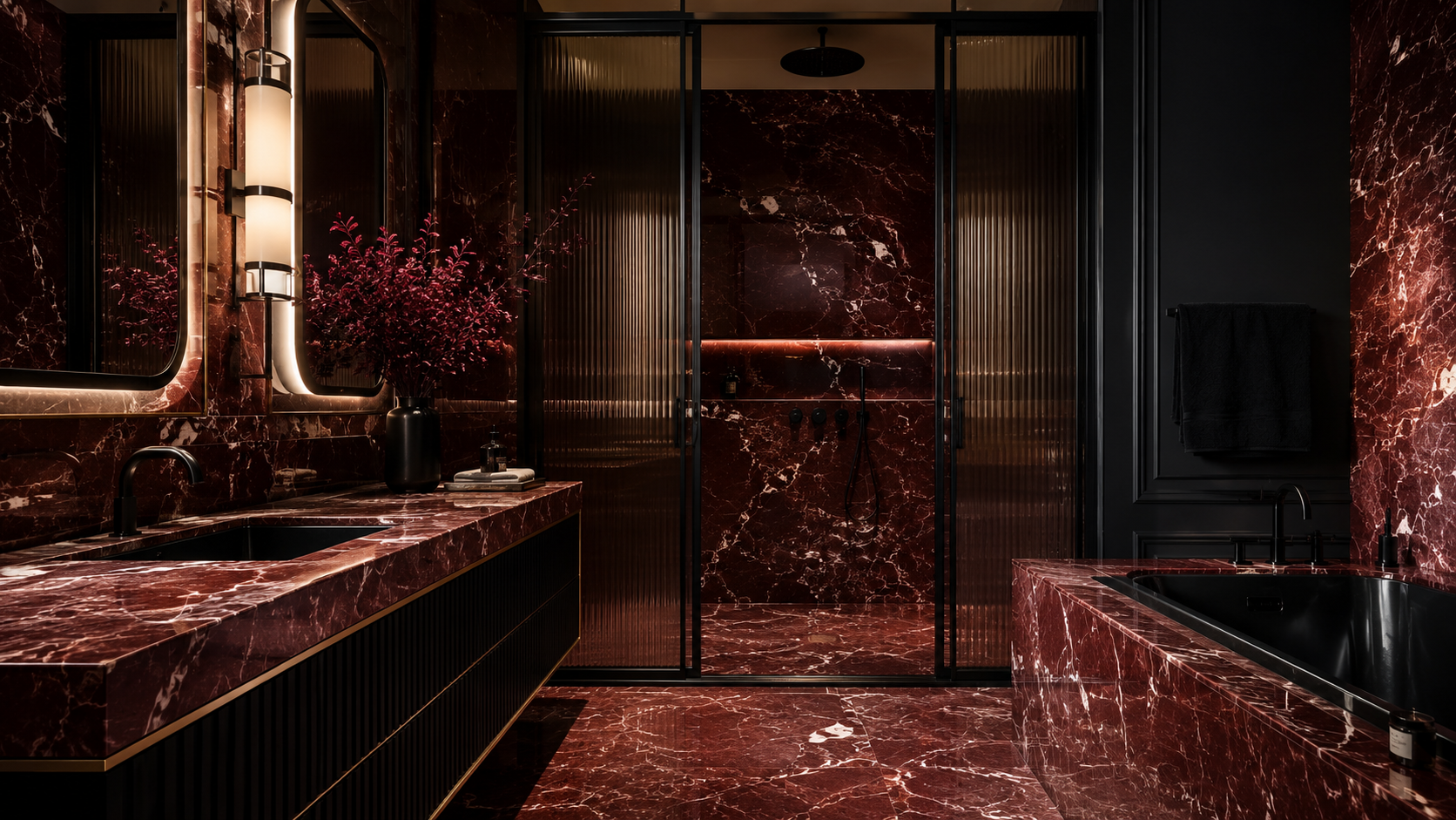 Moody luxury bathroom design featuring red marble and matte black architectural details
